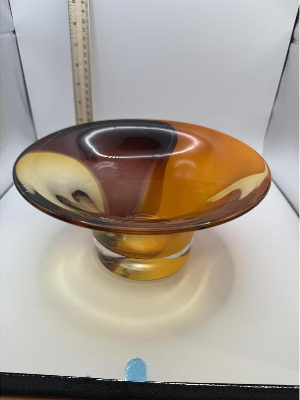 Vintage Murano Style Art Glass Pedestal Bowl Amber Brown Cream Swirl 10”